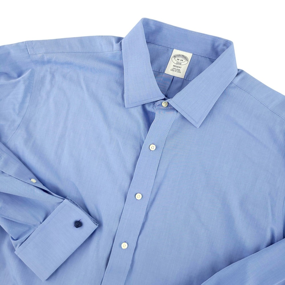 Brooks Brothers Dress Shirt Mens 18 34 Blue Regent Non Iron Cotton French Cuff